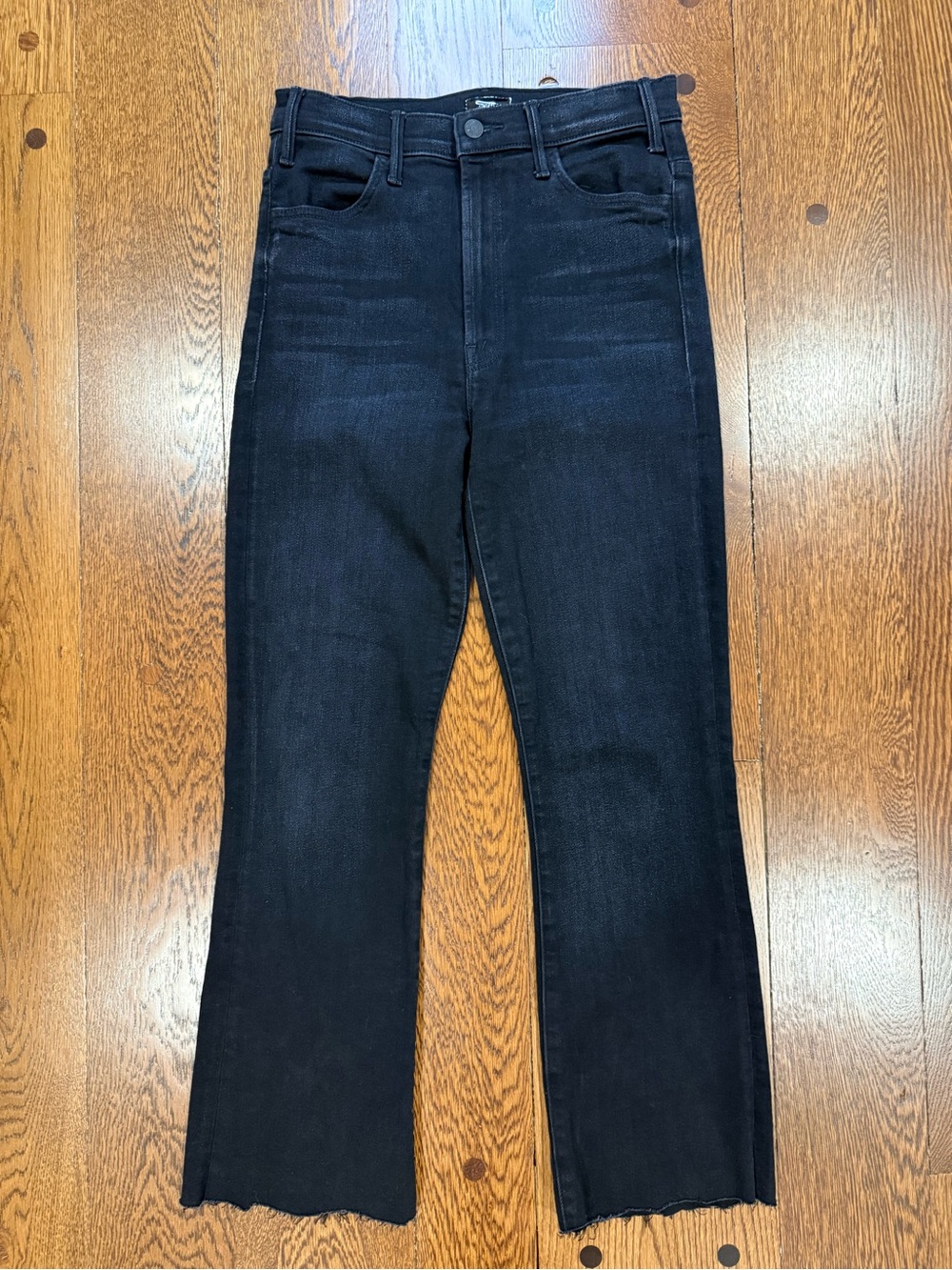 MOTHER The Hustler Ankle Fray Black Crop Flare Jeans Size 28
